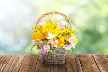 Fototapeta na wymiar Beautiful freesia flowers in wicker basket on wooden table outdoors. Bokeh effect