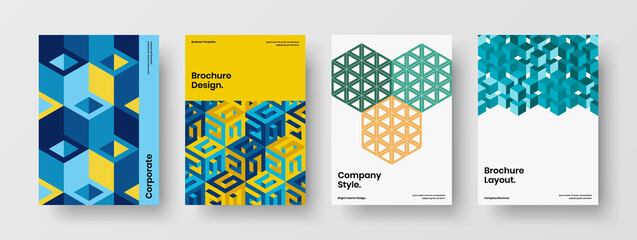 Fototapeta premium Bright annual report A4 vector design layout collection. Unique mosaic pattern booklet concept set.