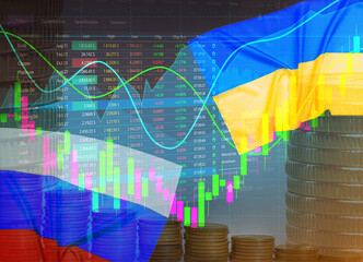 Multiple exposure of Ukrainian, Russian flags, coins and digital stock exchange market charts