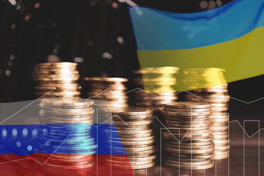 Multiple exposure of Ukrainian, Russian flags and coins