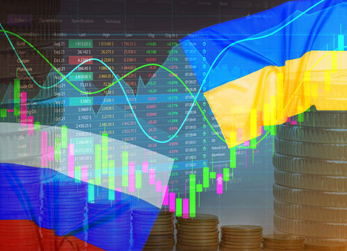 Multiple exposure of Ukrainian, Russian flags, coins and digital stock exchange market charts