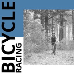 Bicycle racing text on frame and caucasian young man cycling in forest during race