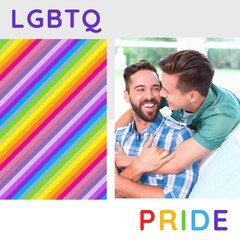 Lgbtq pride text and colorful striped pattern with caucasian gay couple embracing at home