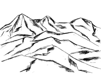 Landscape with mountain ranges in black on a white background