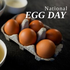Composite of national egg day text with brown eggs in carton on table, copy space
