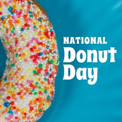 Composite of national donut day text by donuts with colorful sprinkles on blue background