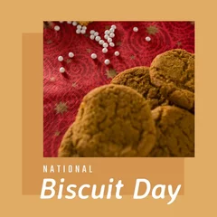 Poster Digital composite image of chocolate biscuits on textile and national biscuit day text, copy space © vectorfusionart