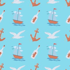 Seamless summer pattern on a marine theme. Flat vector illustration