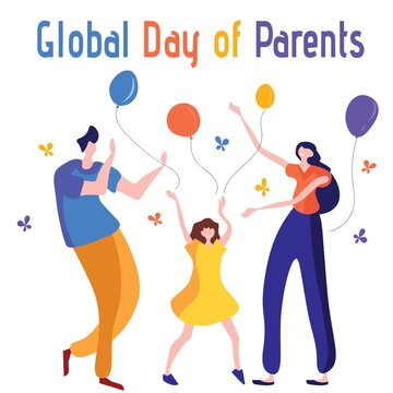Digital composite image of family dancing around balloons celebrating global day of parents