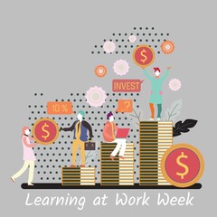 Illustration of learning at work week with human representations, invest text and dollar signs