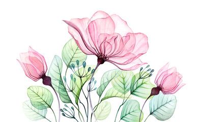 Transparent rose watercolor banner. Big floral arrangement of pink flowers, buds and eucalyptus leaves. Abstract hand painted illustration for wedding stationery, greeting cards, artwork - 506654327