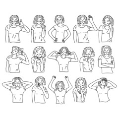 Collection of emotional young girl in different poses and different facial expressions. Black and white vector isolated illustration set hand drawn. Darkness and surprise, laughter and playfulness