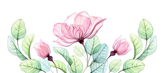 Watercolor rose floral arrangement of pink flowers, buds and eucalyptus leaves. Big horizontal border. Transparent hand drawn illustration for wedding stationery, card print, artwork - 506654572