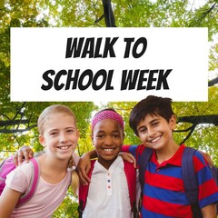 Composite of walk to school week text and portrait of smiling multiracial children in park