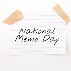 Composite image of paper with national memo day text stuck with adhesive tape on white background