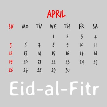 Composite image of april calendar with dates and eid-al-fitr text on white background, copy space