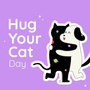 Digital composite image of hug your cat day text by dog and cat hugging against purple background