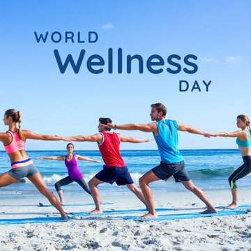 Digital composite image of wellness day text over caucasian people practicing yoga at beach