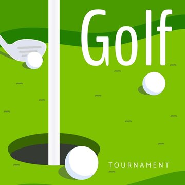 Illustrative image of golf course with balls, club, hole and golf tournament text, copy space