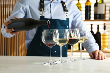 Bartender pouring wine into glass at counter in restaurant, closeup