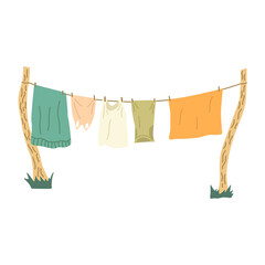 Washed clothes dry outside on a rope stretched between trees. Colorful vector isolated illustration hand drawn. Free life outside the city