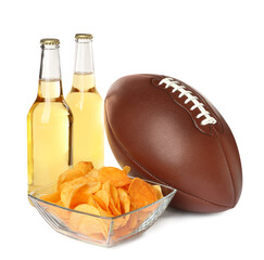 American football ball, beer and chips on white background - obrazy, fototapety, plakaty