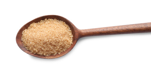 Brown sugar in wooden spoon isolated on white, top view