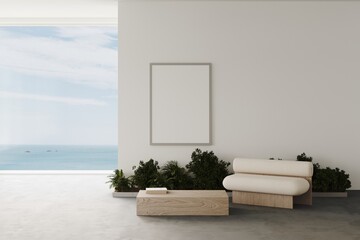 Aesthetic minimalist white living room, sofa with coffee table, green plants in a pot and ocean views from the panoramic windows.  3D rendering illustration, mockup frame	