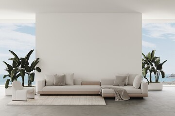 Aesthetic modern minimalist living room with a beige sofa and ocean view from the panoramic windows. Decor braided carpet on concrete floor and designer armchair, palm trees in pots