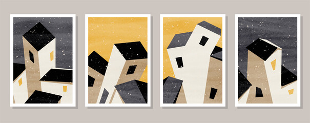 Vector abstract set of cartoon buildings, houses on watercolor textured paper. Minimalist geometry modern posters. Prints for home and business decor, journal illustration, cover, banner, wall art