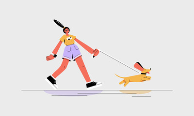 Trendy girl walks with a dachshund dog outdoors in summer. Fashion woman in sunglasses, yellow t-shirt, lavender shorts. Modern style vector illustration for website design