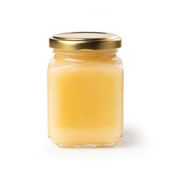 Honey Jar - Square, Cube Glass Victorian Jar with Golden Lid - White Light Honey - Macro Close Up on Foam - Isolated on White Background