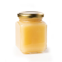 Honey Jar - Square, Cube Glass Victorian Jar with Golden Lid - White Light Honey - Macro Close Up on Foam - Isolated on White Background