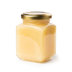 Honey Jar - Square, Cube Glass Victorian Jar with Golden Lid - White Light Honey - Macro Close Up on Foam - Isolated on White Background