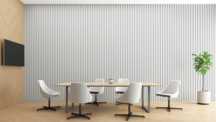 Meeting room with minimalist conference table, gray wall and wood floor. 3d rendering