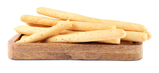 Delicious grissini isolated on white. Crusty breadsticks