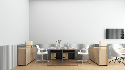 Fototapeta premium Minimalist office room with filing cabinet and small meeting table. 3d rendering