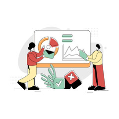 Flat Illustration Vector Graphic of Staff Training, concept of a boss testing new staff in front of the pie analysis screen board, minimal retro style in green red yellow, perfect for ui ux