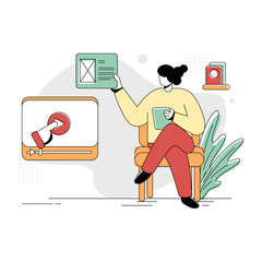 Flat Illustration Vector Graphic of E-Learning, concept of a woman studying through an ipad and sitting on a chair beside a bookshelf, minimal retro style in green red yellow, perfect for ui ux