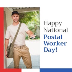 Composite of portrait of caucasian mid adult man with mail and happy national postal worker day text