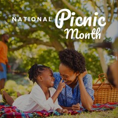 Composite of smiling african american girl lying with mother in park and national picnic month text