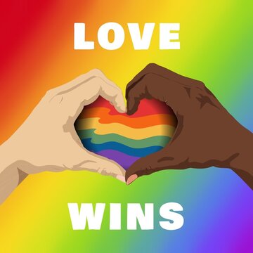 Illustration of love wins text and multiracial hands making heart shape gesture over rainbow flag