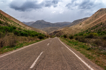 Scenic road in the mountain valley to the ancient monastery of Noravank,,Armenia
