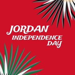 Illustration of jordan independence day text and flowers on red background, copy space