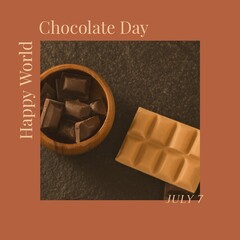 Composite image of july 7 and happy world chocolate day text with chocolates on table, copy space