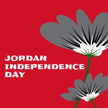 Illustration of jordan independence day text with flowers on red background, copy space