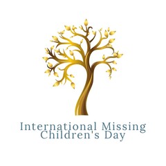 Illustration of international missing children's day text with golden tree on white background