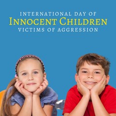 International day of innocent children victims of aggression text with smiling caucasian children