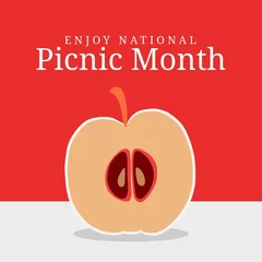 Fotobehang Illustration of halved apple on table and enjoy national picnic month text on red background © vectorfusionart