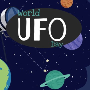 Illustrative image of planets amidst stars in galaxy and world ufo day text, copy space